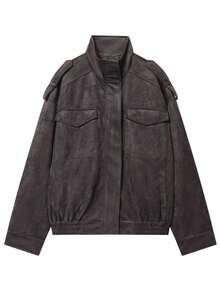 Áo khoác bomber nữ, áo khoác dài tay, áo khoác cài nút, áo khoác bomber có khóa kéo, áo phong cách đường phố, mùa thu/đông - Xám - Xem 6