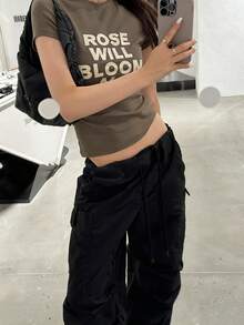 复古美式字母印花短袖T恤，修身设计，独特休闲夏季上衣 - 軍綠色 - 查看 4