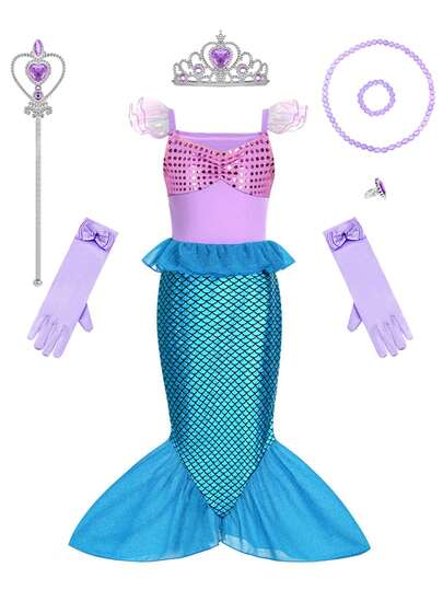 8pcs/Set Girls Purple & Blue Sleeveless Floral Mermaid Dress With Accessories, Children Princess Costume For Holiday Party, Christmas, Halloween