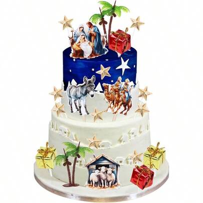 Birth Of Jesus Theme Cake Decorations Set, Nativity Scene Cake Toppers, Coconut Tree Cake Figurines Xmas Christian Religious Baptism Winter Holiday Party Decor Supplies