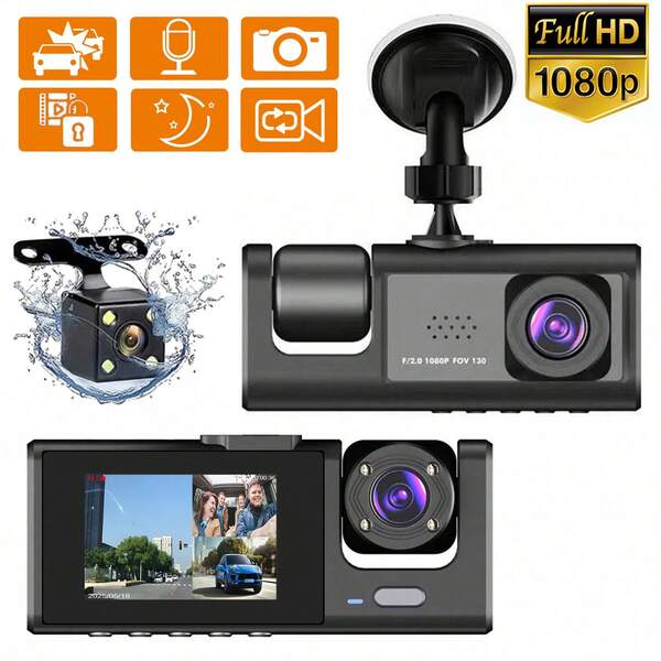 Dash Cam Front And Inside And Rear,3 Channels Dash Camera For Cars, 1080P FHD DVR Car Dashboard Camera With Loop Recording,2 Inch Display,Not Included SD Card