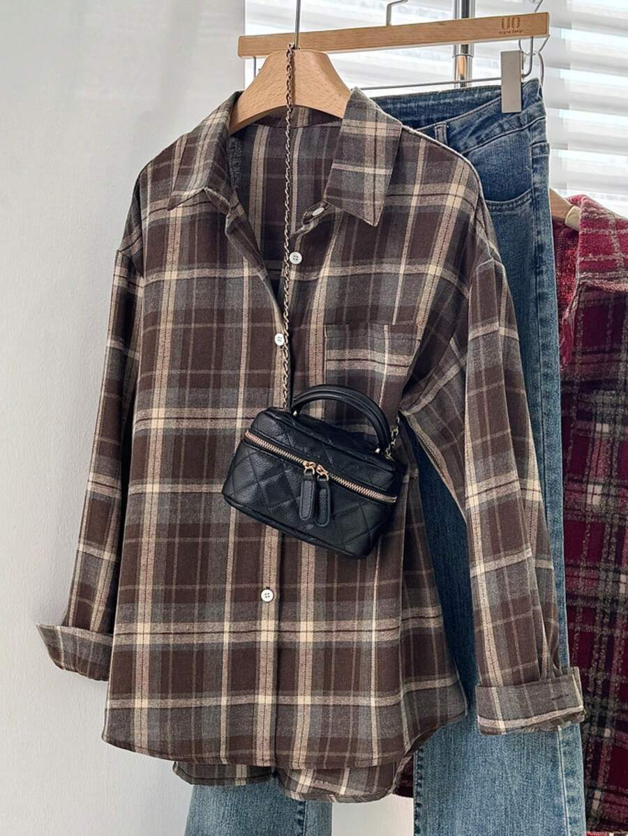 女士格子前开襟纽扣口袋休闲衬衫（春季款） - 咖色 - 查看 1