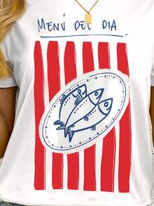 Camiseta con gráfico de pez latino a rayas rojas, camiseta de manga corta con cuello redondo casual para mujer, ropa de regreso a la escuela estilo dinero antiguo - Blanco - Ver 3