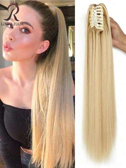 Synthetic Long Straight Claw Clip On Ponytail Hair Extensions 24Inch Heat Resistant Pony Tail Hair Piece For Women Daily Party