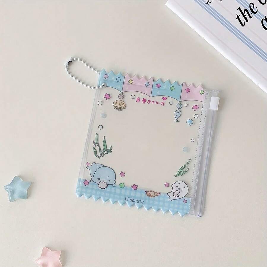 Girls' Transparent Cartoon Candy Card Holder With Zipper Closure - 70mm Cute Anime & Character Designs, Durable PVC School Supplies For Students, Cute School Supplies, Playful Design - Màu xanh lam - Xem 1