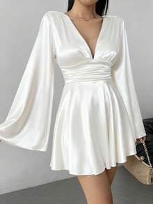 Elegant Ruffle Twist Backless V-Neck Long Sleeve Sexy Versatile Cinched Waist Fitted Mini Dress - White - View 5