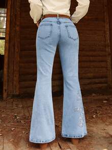 Light Blue High-Waisted Slim Flare Jeans - Western Chic Everyday Casual Pants - Light Wash - View 6