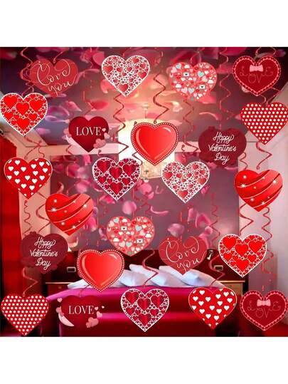 12pcs Red Glitter Heart Swirl Decor - Ideal For Valentine's Day And Wedding Decoration, Romantic Hanging Love Ornaments