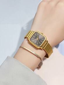 2pcs Square Steel Strap Watch + Bracelet Set, Suitable For Daily Matching, Birthday, Women's Gift, Anniversary, Year-End Promotion, Singles' Day, Halloween Promotion, No Gift Box - Gold - View 2