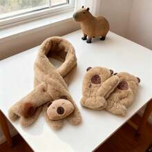 Guantes de peluche de dibujo animado de kapibara lindos, guantes de invierno cálidos para mujeres, guantes y bufandas resistentes al viento y al frío - Marrón - Ver 5