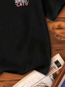 Camiseta casual de manga corta con cuello redondo y gráfico de gato de dibujos animados para niña - Negro - Ver 5