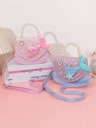 1个超大PU皮革亮片鱼尾珍珠装饰+珍珠串手提包，金属链条单肩包，适合外出、生日礼物、节日礼物