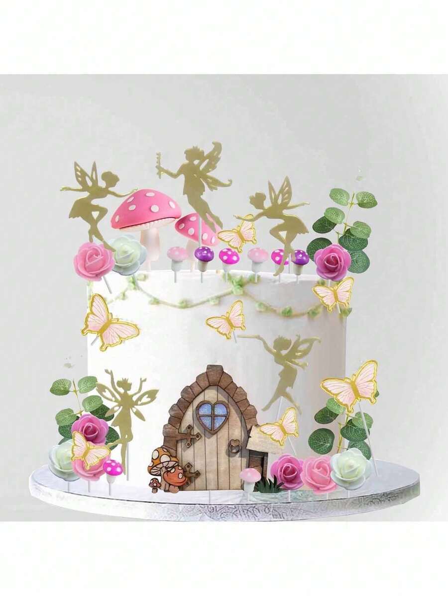 39pcs Fairy Cake Decorations, Pink Mushroom Gate Butterfly Flower Cake Decorations, Fairy Garden Decorations For Fairy Party Birthday Babyshower Cake Toppers,Baptism Cake Decorations(Do Not Touch The Cake Directly; Use It With The Tube.) - Multicolor - View 1