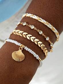 4pcs Beachy Casual Vacation Style Shell & Beaded Alloy Rope Bracelet Set For Women, Dating Gift - Braiding - View 10