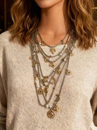 1 pieza Collar con colgante de aleación de moda multicapa con diseño de caballito de mar, concha marina y pez, versátil para la playa y uso casual