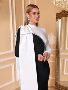 Love Aing فستان مخطط أسود وأبيض للسيدات، فستان طويل، فيونكة أنيقة، فاخر وأنيق، حفل رسمي، مصنوع يدويًا بالماس، ملابس رأس السنة، مناسبة احتفالية، كريم، فستان لضيف الزفاف، فستان طويل لمناسبة رسمية - أبيض وأسود - مشاهدة 7