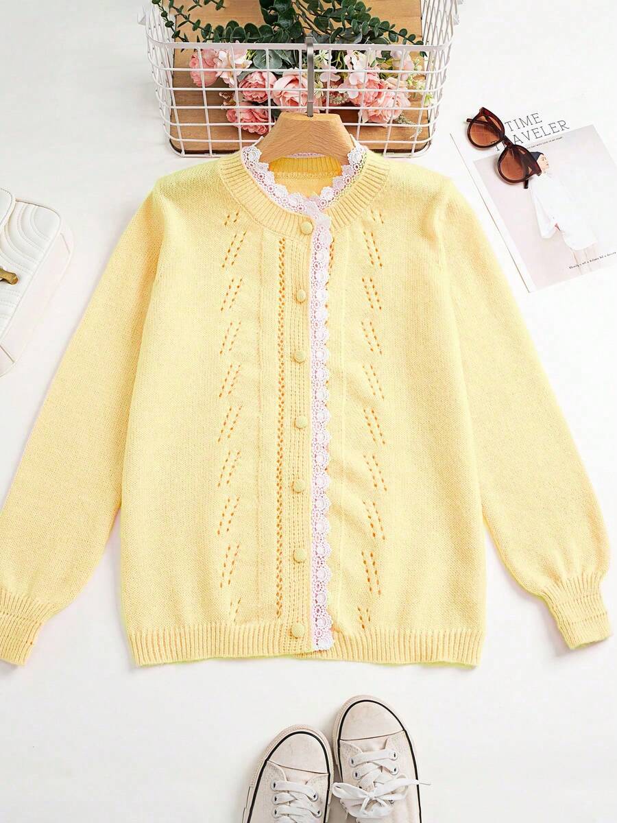 Delicate Cropped Cardigan For Women, Lace Design Knitted Sweater Jacket Casual - Yellow - View 1