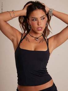 Cropped Corset Tank Top With Double Straps - màu đen - Xem 3