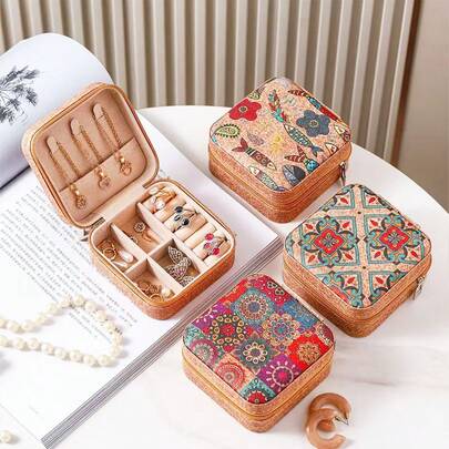1 hộp đựng trang sức mini kiểu retro đựng bông tai, nhẫn, dây chuyền, hộp đựng đồ du lịch, hộp đựng trang sức in họa tiết trang nhã, hộp đựng trang sức đa chức năng, túi đựng trang sức có khóa kéo tiện lợi, túi đựng mỹ phẩm và son môi tinh tế, quà tặng Ngày của Mẹ, quà tặng cho bé gái, hộp đựng đồ trong túi xách, hộp đựng trang sức nhiều ngăn dung tích lớn họa tiết nút bần mới, hộp đựng trang sức bằng da PU cao cấp, hộp đựng trang sức mini dạng nắp gập dành cho nữ, hộp đựng đồ cho mẹ khi đi học, trang trí phòng.
