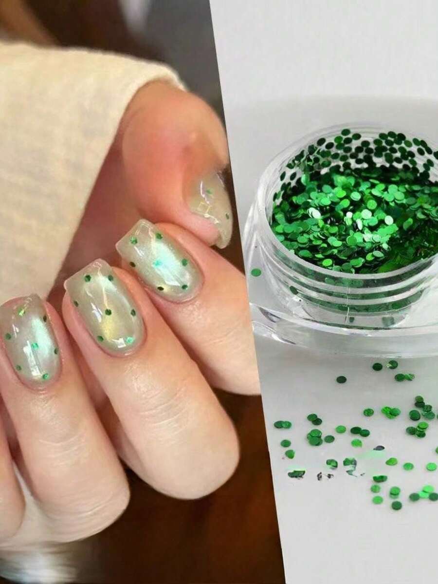 1 Box grüne Pünktchen Pailletten Nail Art Dekorationen, schicke grüne runde Pünktchen veredelter Nail Pailletten, vielseitige Nail Accessoires für kurze Nägel, glänzend & leicht anzuwenden, praktisch & stylisch für tägliche Nail Dekoration Nail Zubehör - Verschiedenfarbig - Übersicht 1