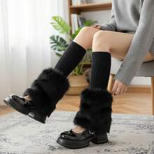 Women's Winter Knit Leg Warmers Solid Color Ribbed Furry Patchwork Casual Scrunch Leg Socks Boot Socks - Black - View 5