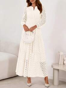 Women's New Years Long Sleeve  Maxi Dress V Neck Hollow Out Eyelet A Line Long Flowy Fall Wedding Guest Dresses - trắng - Xem 5