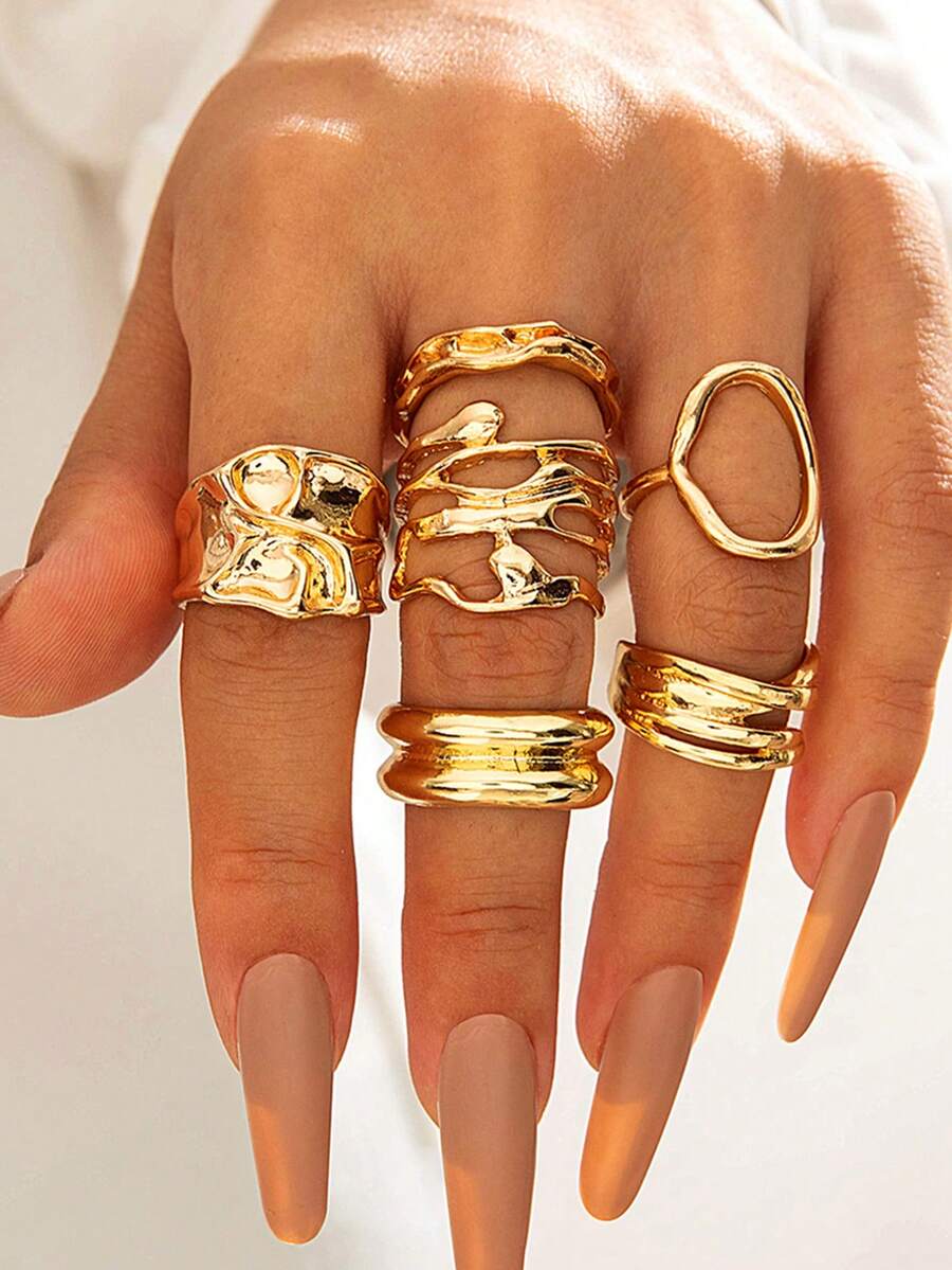 7件套时尚简约合金几何图案小众设计夸张褶皱弧形粗犷珠宝指节戒指套装，女士派对礼物