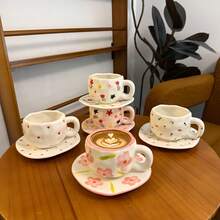 2个陶瓷咖啡杯，休闲水杯，牛奶杯，夏季饮具，厨房用品，家用厨具，生日礼物，手工不对称陶瓷咖啡杯碟套装，彩绘图案马克杯 - 多選 - 查看 1