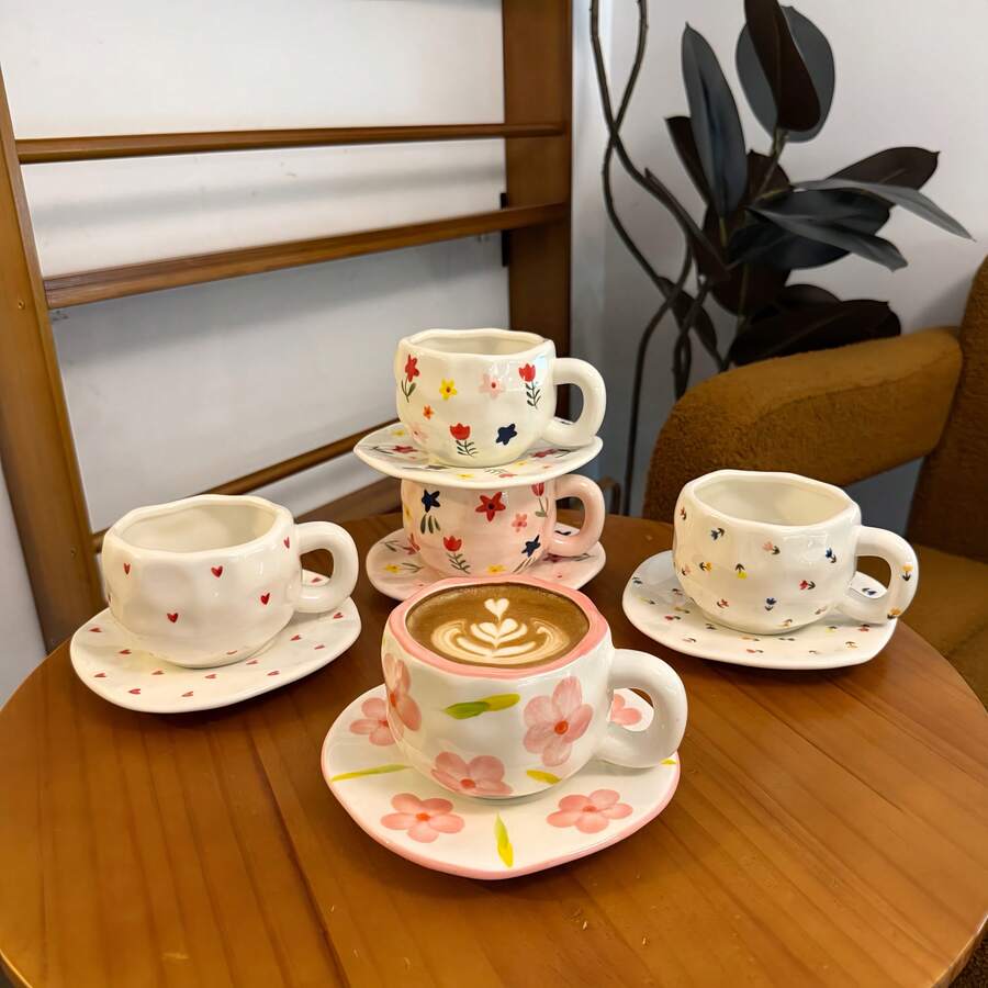 2个陶瓷咖啡杯，休闲水杯，牛奶杯，夏季饮具，厨房用品，家用厨具，生日礼物，手工不对称陶瓷咖啡杯碟套装，彩绘图案马克杯 - 多選 - 查看 1