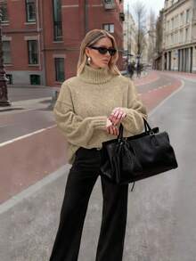 FOR BEAUTY Women's Autumn/Winter New High Neck Apricot Simple Commuting Style Sweater, Fashionable Slim Fit, Elegant Fashion, Ribbed Long Sleeve Daily Leisure And Versatile Commuting Lazy Style Warm Knitted Sweater Top New Year - mơ Trung Quốc - Xem 1