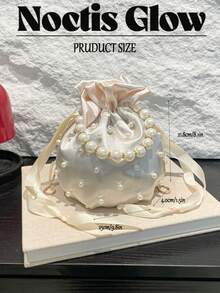 1pc Women's Fashion Nylon Shoulder Bag With Pearl Decoration, Drawstring Bucket Bag, One Shoulder & Crossbody - trắng - Xem 10