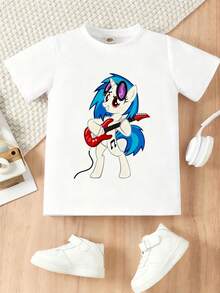 [ma baoli] camiseta de verano para niñas - Lindo patrón estampado de dibujos animados de pony - suéter estampado de cuello redondo, con tejidos blandos de poliéster, adecuado para niñas de verano, adecuado para envíos de tiendas locales, ropa de verano para niñas de estilo dibujos animados, adecuado para ocasiones diarias, fiestas, al aire  viajes. - Blanco - Ver 2