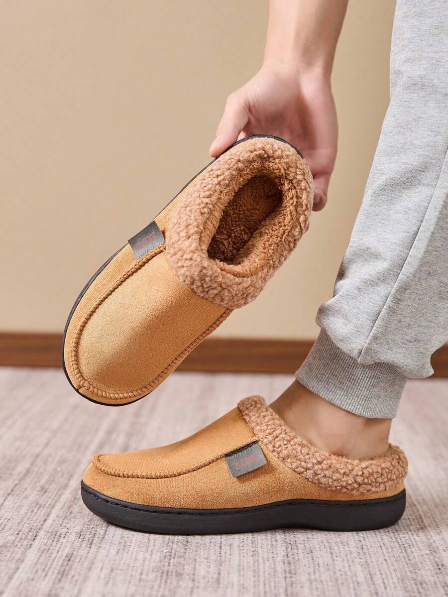 Dép ấm áp thời trang đơn giản cho nam, lớp lót bông màu trơn, thiết kế viền vải khâu, thoải mái trong nhà/ngoài trời, mùa thu/đông - màu nâu - Xem 1