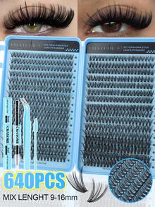 640/544片装睫毛胶水套装，打造自然浓密睫毛。D型卷翘假睫毛，柔软蓬松，长度9-16毫米，簇状睫毛，单根睫毛，DIY睫毛嫁接，自然簇状睫毛。10D+20D/30D+40D/50D+60D/80D+100D卷翘睫毛组合套装。包含胶水、定型液、睫毛镊子和睫毛刷，新手友好。