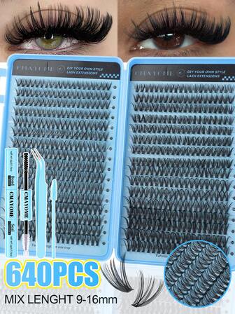 640/544片装睫毛胶水套装，打造自然浓密睫毛。D型卷翘假睫毛，柔软蓬松，长度9-16毫米，簇状睫毛，单根睫毛，DIY睫毛嫁接，自然簇状睫毛。10D+20D/30D+40D/50D+60D/80D+100D卷翘睫毛组合套装。包含胶水、定型液、睫毛镊子和睫毛刷，新手友好。