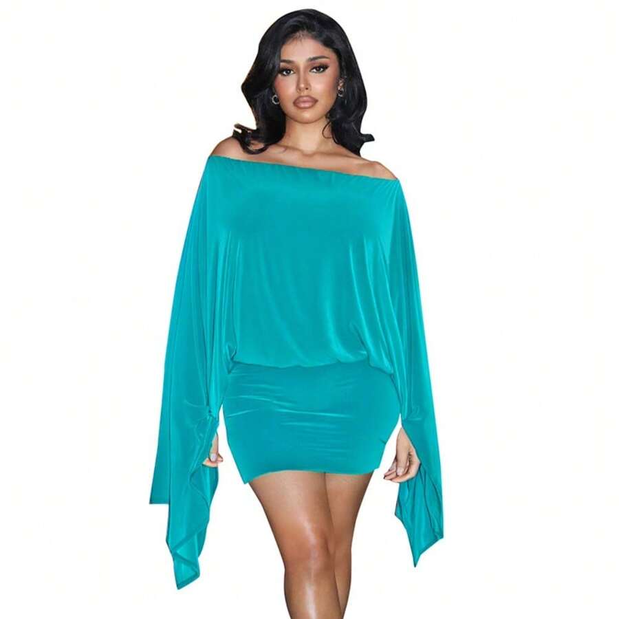 European And American Women's Clothing Autumn New One-Word Shoulder Big Horn Long-Sleeved Top Hip-Wrapped Short Skirt Set - 藍色(已做貨) - 查看 1
