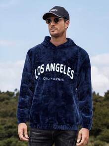 Moletom Casual Solto Masculino de Manga Longa com Capuz e Bordado do Nome da Cidade, Roupa de Estar em Casa - Azul Marinho - Visão 5