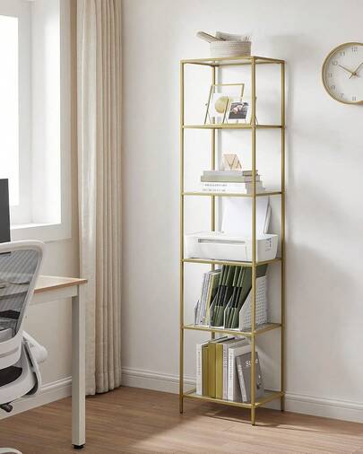 6 Tier Glass Shelf Bookcase Storage Cabinet Thin Steel Frame For Bathroom Living Room Office Bedroom Gold