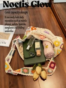 Retro Hand-Crocheted Crossbody Bag Bohemian Hollow-Out Floral Contrast Color Tote Bag Large Capacity Beach Bag Functional Boho Bag For Shopping Travel - 彩色 - 查看 7