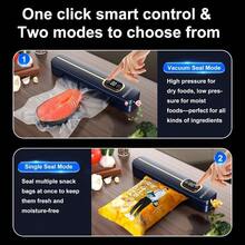 RAF Scelleur sous vide portable deux-en-un avec affichage numérique. Scelleur sous vide - un puissant scelleur sous vide avec 4 modes (sec/humide/moelleux/poudre), affichage numérique tactile et scellage automatique de l'air. Il convient à la conservation des aliments, à la cuisson sous vide et à la préparation des repas. - Voir 5