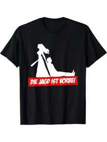 Camiseta gráfica divertida vintage para hombres "La Caza Ha Terminado" - Camiseta casual negra de manga corta con texto rojo y diseño de silueta blanca para bodas, fiestas, salidas de verano, disfraz de fiesta, cuello redondo clásico, camiseta de ajuste regular - Negro - Ver 1