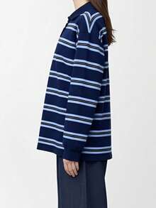 Womens Rugby T-Shirts Long Sleeve V Neck Stripes Print Loose Tops Spring Fall Blouses - Azul - Ver 3