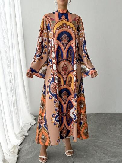 1 Piece Of Women's Dress, Full-Body Floral Print, Large Lotus Leaf Sleeves, Back Zipper, Long Casual Dress, Elegant Women's Arabian Dress, Luxurious Evening Party Dress For Festivals And Vacations, Arabian Clothing, Autumn And Winter Women's Long Robe