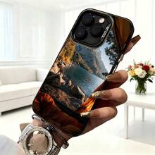 Cubierta de telefono con borde duro para iPhone 15 Pro Max Negro con estampado de paisaje montano y lago Ideal para uso diario y viajes - Blanco - Ver 6
