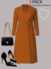 Dwuczęściowy komplet damski w dużym rozmiarze, elegancki strój: jednolity kolor, minimalistyczny długi kardigan + dopasowana sukienka midi bez rękawów, odpowiedni do dojazdów do pracy i noszenia na co dzień, wiosna/jesień/zima - Pomarańczowy 30 - Zobacz 3