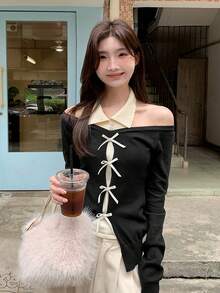 秋季不对称领修身罗纹针织T恤 - 黑色 - 查看 4