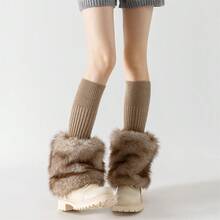 Women's Winter Knit Leg Warmers Solid Color Ribbed Furry Patchwork Casual Scrunch Leg Socks Boot Socks - Khaki - View 3