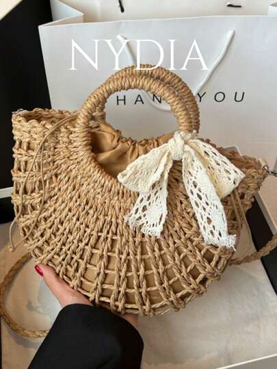 1 件装新款简约时尚女士节日风格草编手提包丝带装饰女士包包，适合日常约会，女士时尚单肩斜挎包
