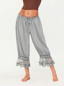 Women Y2K Half Slip Under Dress Pettipants Mid Rise Lace Patchwork Bloomers Trousers Ruffle Pantaloons Cropped Flared Pants Cute Pumpkin Long Pants - 獵人綠 - 查看 3