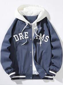 Men's Hooded Drawstring Front Button Letter Print Casual Long Sleeve Jacket & Coat, For Fall